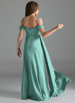 Azazie Amyra Junior Aqua Sheath Off the Shoulder Stretch Satin Dress image2