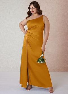 Azazie Mika Bridesmaid Dresses Butterscotch Sheath One Shoulder Stretch Satin Dress image8