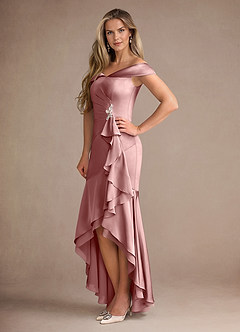 Azazie Billings Moeder van de bruid jurken Zeemeermin Jurk van Stretch Satijn Off the Shoulder Stoffige Roos image2