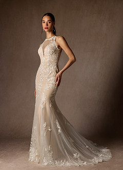 Azazie Sheila Vestidos de novia Vestido de Blanco Diamante Nude de Tul de Corte Sirena con Lentejuela image3