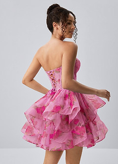 Reliau Rosa Minikleid aus Tüll mit Spitzenprint, Korsett, A-Linie und Schnürung image2