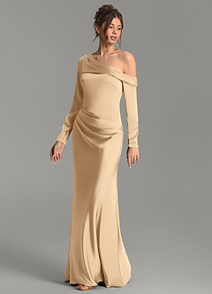 Azazie Sandra Bridesmaid Dresses Champagne Mermaid Long Sleeve Stretch Satin Dress image4