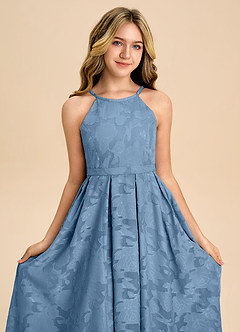 Azazie Arianthe Junior Steel Blue A-Line Pleated Floral Burnout Dress image8