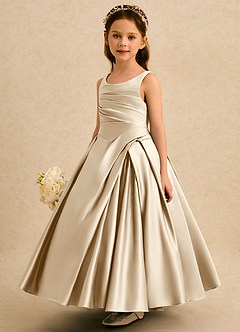 Azazie Audrey Flower Girl Dresses Champagne A-Line Pleated Matte Satin Dress image3