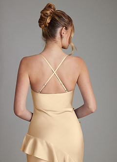 Azazie Jayda Bridesmaid Dresses Champagne A-Line Ruched Stretch Satin Dress image6