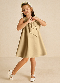 Azazie Zoey Blumenmädchenkleider A-Linie Schleifen Matte Satin Kleid Gold image4