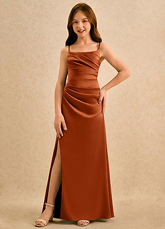 Azazie Cannoli Girls Formal Blumenmädchenkleider A-Linie Plissee Matte Satin Kleid Gebranntes Orange image3