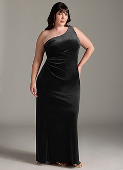 Azazie Argan Bridesmaid Dresses Black A-Line One Shoulder Pleated Velvet Dress image10
