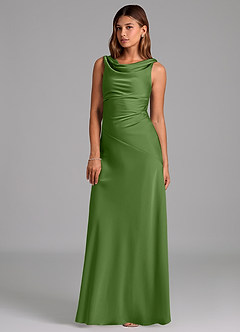 Azazie Nerine Bridesmaid Dresses Basil A-Line Pleated Stretch Satin Dress image1