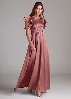 Azazie Daphne Robes de demoiselle d'honneur modestes Robe Trapèze Rayé Longueur ras du sol Satin extensible image3