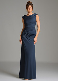 Azazie Chantal Robes de demoiselle d'honneur Robe Sirène en Jersey extensible de qualité supérieure Plissé Bleu Marine Foncé image1
