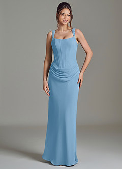 Azazie Niamh Vestidos de damas de honor Vestido de Azul Acero de Gasa de Corte Sirena con Corsé image5