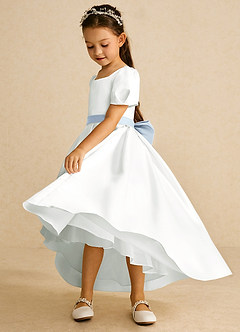 Azazie Zippy Flower Girl Dresses Ivory Mist A-Line with Sleeves Matte Satin Dress image4