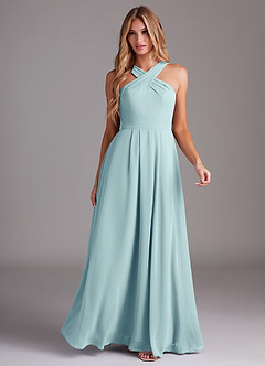 Azazie Dixie Bridesmaid Dresses Sea Glass A-Line Halter Pleated Chiffon Dress image3