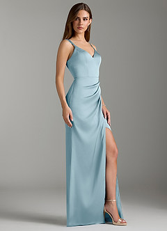 Azazie Leo Bridesmaid Dresses Moody Blue Sheath Pleated Stretch Satin Dress image3