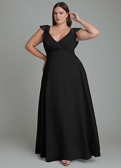 Azazie Leilani Abiti da Damigella Abito A-Line in Chiffon Plissettato Nero image1