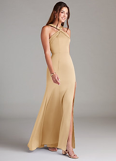 Azazie Rue Brautjungfernkleider A-Linie Plissee Stretch-Satin Kleid Gold image4