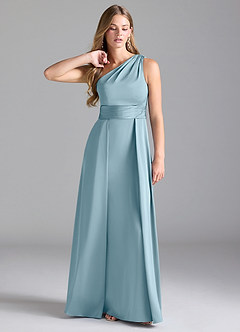 Azazie Dallas Robes de demoiselle d'honneur Robe Trapèze en Satin extensible Ue épaule Bleu Maussade image1