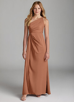Azazie Mika Junior Robe Trapèze en Satin extensible Plissée Bronze image3