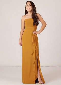 Azazie Kaylee Junior Butterscotch A-Line with Belt Chiffon Dress image4