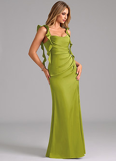Azazie Jessamine Bridesmaid Dresses Lemongrass Sheath Corset Stretch Satin Dress image4