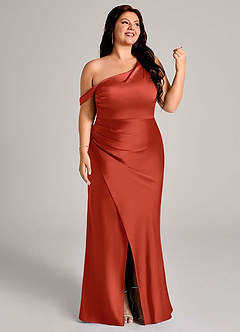Azazie Madelyn Bridesmaid Dresses Rust Mermaid One Shoulder Stretch Satin Convertible Dress image13