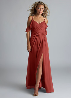 Azazie Fiena Final Sale Terracotta A-Line V-neck Ruched Mesh Dress image4