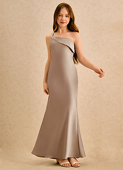 Azazie Almond Girls Formal Sukienki dla dziewczynek sypiących kwiaty Osłona Jedno ramię Satyna elastyczna Długość podłogi Sukienka image6