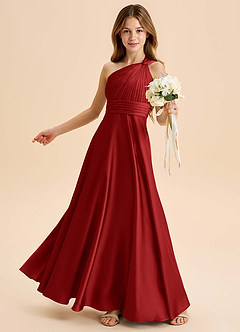 Azazie Charlize Junior Pomegranate A-Line Pleated Stretch Satin Dress image4