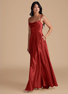 Azazie Elle Bridesmaid Dresses Rust A-Line with Pockets Metallic Satin Dress image6