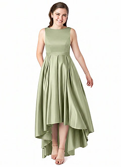 Azazie Inaya Junior Auburn A-Line with Belt Stretch Satin Dress image1