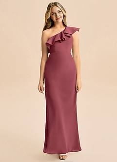 Azazie Alissa Junior Vestido de Merlot de Gasa de Corte Sirena con Volante image5