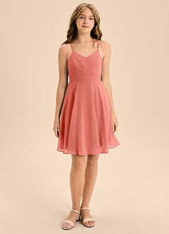 Azazie Avelina Junior Salmon Pink A-Line Pleated Chiffon Dress image4