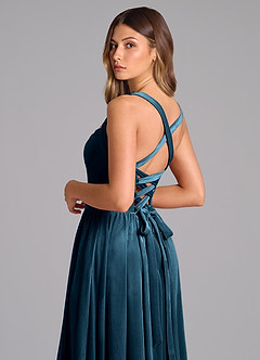 Azazie Francis Vestidos de damas de honor Vestido de Topacio Azul de terciopelo de Corte en A con Corsé image2