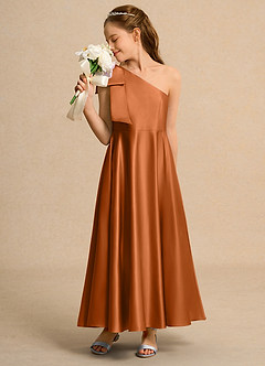 Azazie Guppy Girls Formal Flower Girl Dresses Copper A-Line One Shoulder Matte Satin Dress image4
