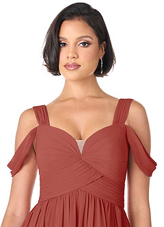 Azazie Lianne Robes de demoiselle d'honneur Robe Trapèze en Mousseline de soie Épaule décolletée Terracotta image5