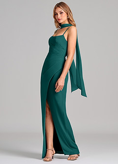 Azazie Calandra Bridesmaid Dresses Peacock Sheath Pleated Chiffon Dress image4