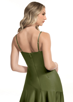 Azazie Kayla Bridesmaid Dresses Olive Sheath Side Slit Stretch Satin Dress image5