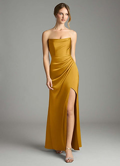 Azazie Leonis Bridesmaid Dresses Butterscotch Mermaid Pleated Stretch Satin Convertible Dress image5