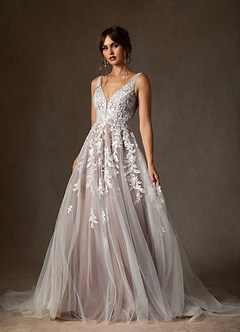 Azazie Sorella Trouwjurken Jurk van Tule met A-Lijn V-hals Pailletten Diamant Wit Mokka image7