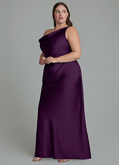 Azazie Emerson Vestidos de damas de honor Vestido Uva de Satén Elástico de Corte Sirena con Hombros descubiertos image10