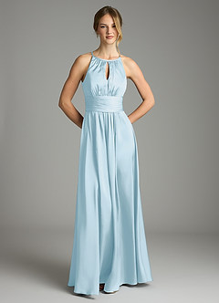 Azazie Bonnie Bridesmaid Dresses Sky Blue A-Line Pleated Stretch Satin Dress image3
