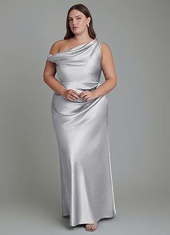 Azazie Emerson Vestidos de damas de honor Vestido Plata de Satén Metálico de Corte Sirena con Hombros descubiertos image8