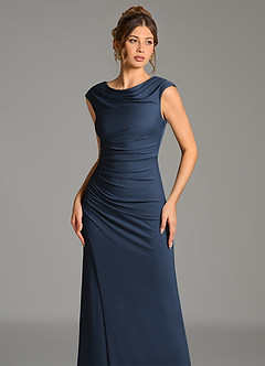 Azazie Chantal Robes de demoiselle d'honneur Robe Sirène en Jersey extensible de qualité supérieure Plissé Bleu Marine Foncé image4