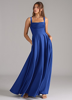 Azazie Shaude Vestidos de damas de honor Vestido de Azul Real de Satén Elástico de Corte en A con Plisado image3