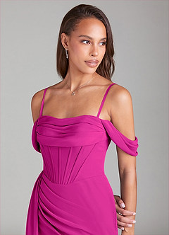 Azazie Amyra Bridesmaid Dresses Fuchsia Sheath Off the Shoulder Chiffon Convertible Dress image6