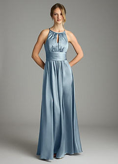 Azazie Bonnie Vestidos de damas de honor Vestido de Azul Polvoriento de Satén Elástico de Corte en A con Plisado image3