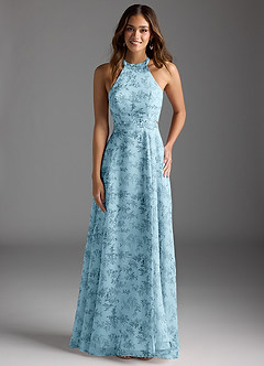 Azazie Clarice Vestidos de madrinha de casamento Vestir Floral Samambaia Azul de Chiffon de Linha A com Pescoço alto image1