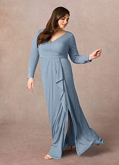 Azazie Risa Mother of the Bride Dresses Dusty Blue Mermaid V-Neck Pleated Mesh Dress image7