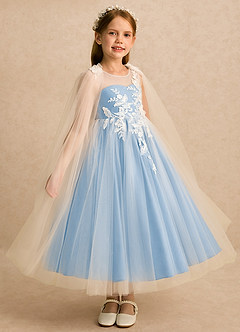Azazie Amina Flower Girl Dresses Ivory Powder Blue A-Line Lace Tulle Dress image6